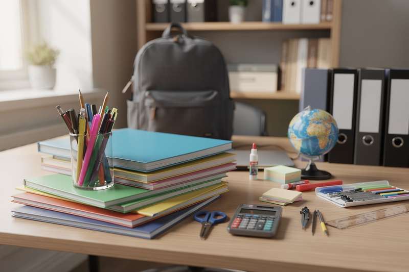Schüler sitzen an Schreibtischen in einem Klassenzimmer und nutzen verschiedene Schul- und Lernmaterialien wie Stifte, Hefte...