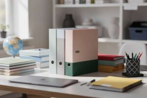 Lehrkraft arbeitet mit Unterrichtsmaterialien und digitalen Ressourcen an ihrem Schreibtisch im Klassenzimmer.