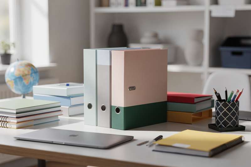 Lehrkraft arbeitet mit Unterrichtsmaterialien und digitalen Ressourcen an ihrem Schreibtisch im Klassenzimmer.