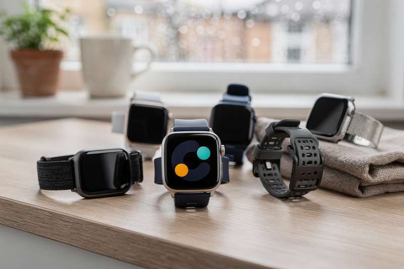 Person trägt eine elegante Smartwatch am Handgelenk und überprüft ihre Benachrichtigungen auf dem Display.