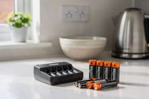 Wiederaufladbare Batterien verschiedener Größen liegen zusammen mit einem Ladegerät auf einer hellen Oberfläche.