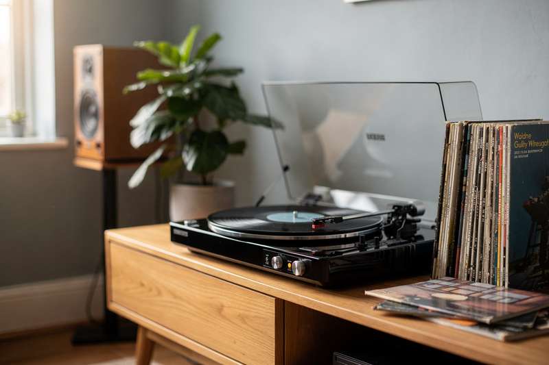 Plattenspieler auf Holztisch neben Schallplattenstapel und Kopfhörern in gemütlichem Wohnzimmer.