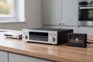 Hände halten eine glänzende CD gegen das Licht, während im Hintergrund ein Retro-Kassettenrekorder steht.
