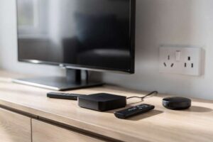 # Alt-Text-Beispiele für Media-Streaming-Geräte: **Variante 1:** Fernbedienung wird vor dem Fernseher verwendet, um...