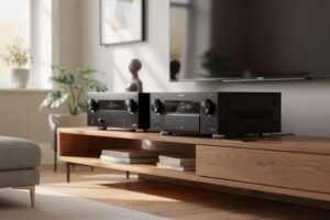 # Alt-Text für Electronics Guide Hände verbinden ein Audio-Kabel mit den Cinch-Anschlüssen eines hochwertigen AV-Receivers.