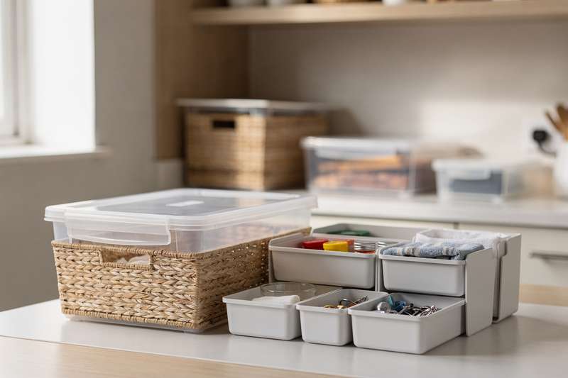 Verschiedene stapelbare Kunststoffboxen und Organizer in unterschiedlichen Größen auf einem Regal, übersichtlich arrangiert.