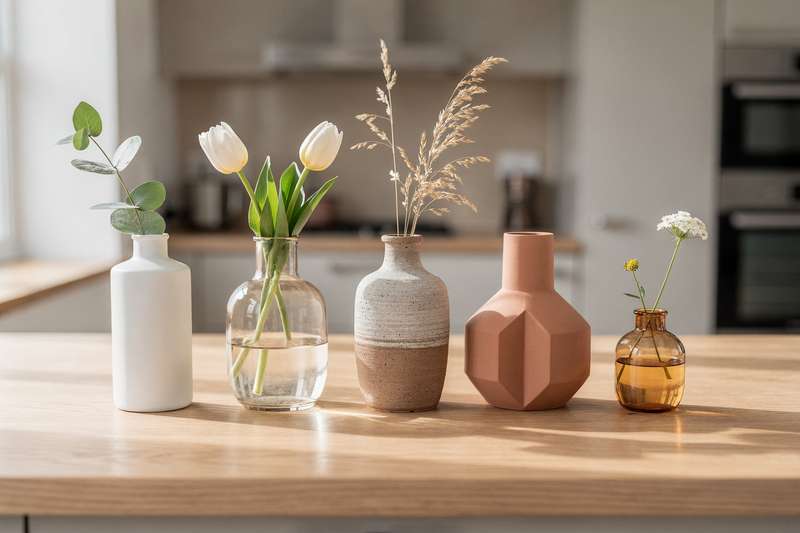 Frische Schnittblumen in einer modernen Glasvase auf einem Holztisch neben Wohnzimmerdekoration.