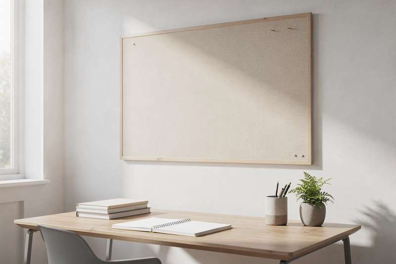 Eine Frau heftet Notizen und Fotos an ein großes Memoboard an der Wand neben ihrem Arbeitsplatz.