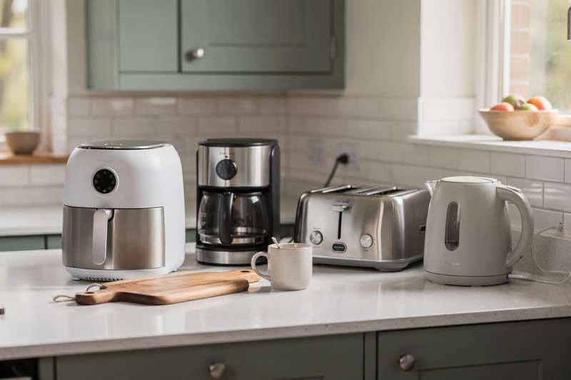 Hände arrangieren verschiedene kompakte Küchengeräte wie Mixer, Toaster und Kaffeemaschine auf einer hellen Arbeitsplatte.