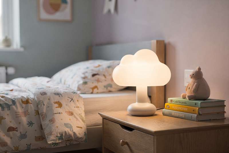 Kinderzimmerleuchte mit warmweißem Licht über einem Bett mit spielerischem Design an der Wand.