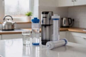 Eine Frau füllt eine Wasserfilterkanneaus einer Wasserleitung in ihre Küche.