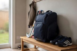 Feldhockeyspieler packt Schläger und Schutzausrüstung in eine geräumige Hockeytasche.