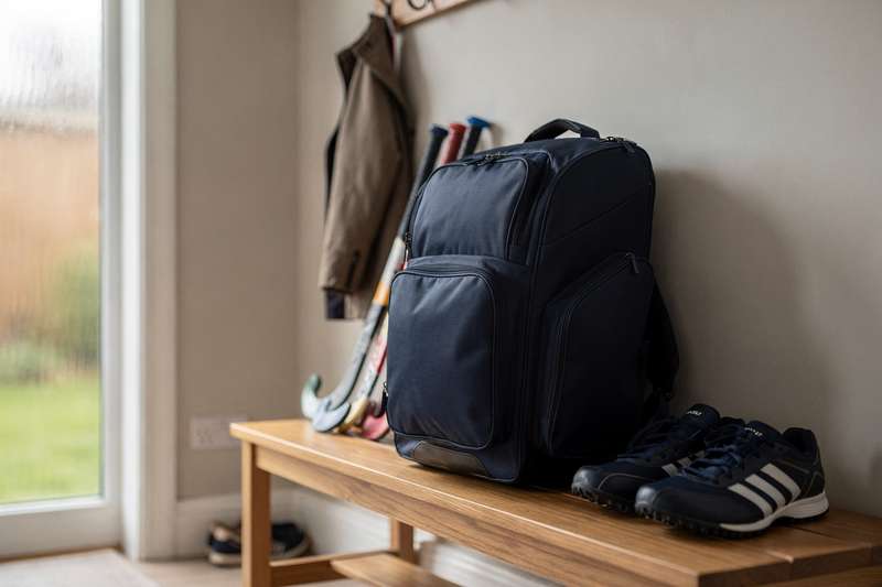 Feldhockeyspieler packt Schläger und Schutzausrüstung in eine geräumige Hockeytasche.