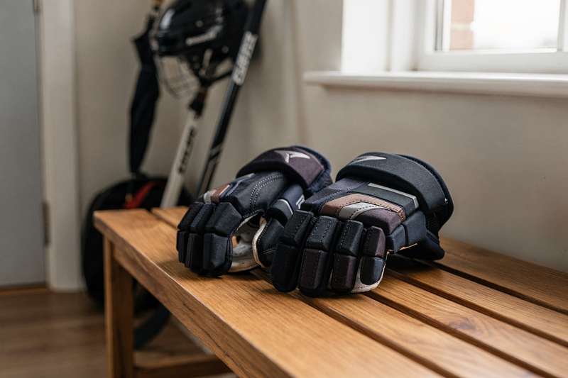 Spieler trägt gepolsterte Feldhockey-Handschuhe beim Ballkontakt auf dem Rasenplatz.