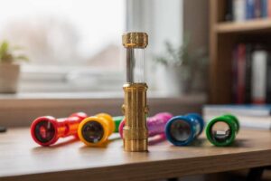Kind betrachtet fasziniert durch ein buntes Kaleidoskop und sieht die symmetrischen Farbmuster.