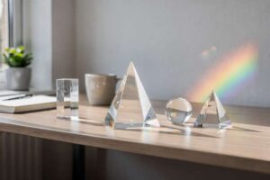 Verschiedenfarbige Glasprismenin Pyramiden- und Würfelform liegen auf weißem Untergrund und werfen bunte Lichtstrahlen.