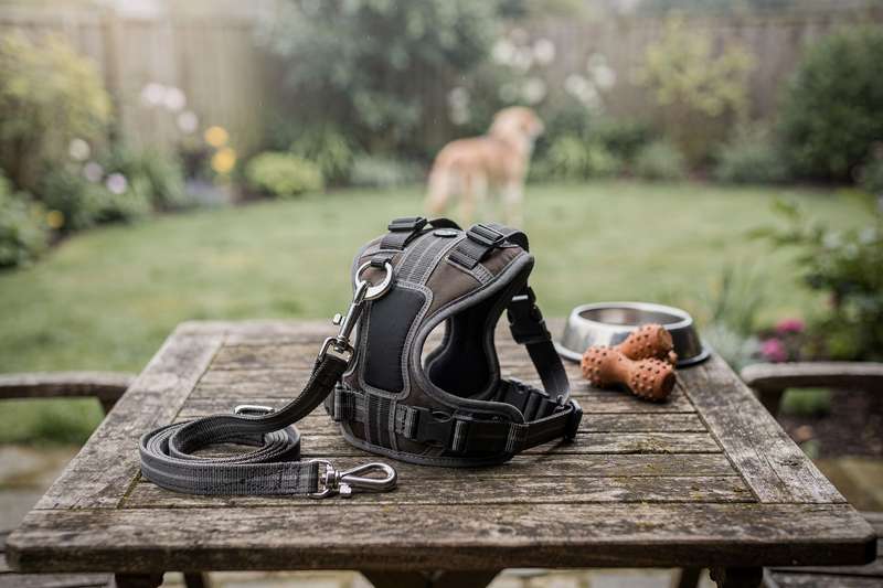 Hundehalter befestigt ein Geschirr an seinem Hund vor einem Spaziergang im Park.