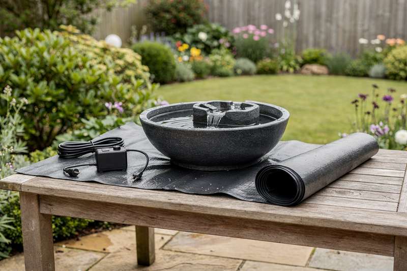 Frau gießt eine Gießkanne über einen modernen Gartenteich mit Wasserspielen.