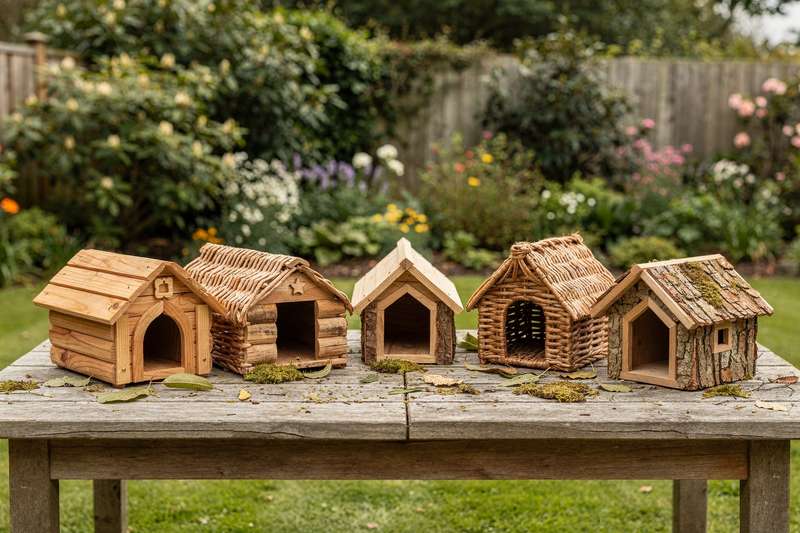 Igelhaus aus Holz steht zwischen Laub und Steinen in einer naturnahen Gartenecke.