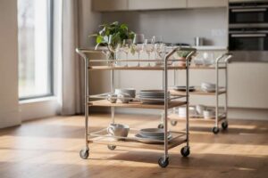Servierwagen mit verschiedenen Ebenen bestückt mit Getränken und Snacks in einem modernen Wohnzimmer.