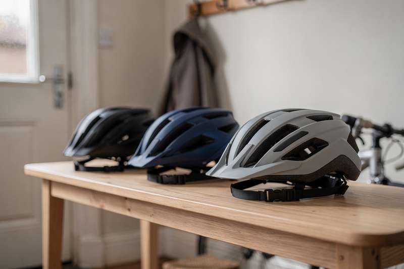 Erwachsener trägt einen modernen Fahrradhelm während einer Ausfahrt auf asphaltierter Straße.