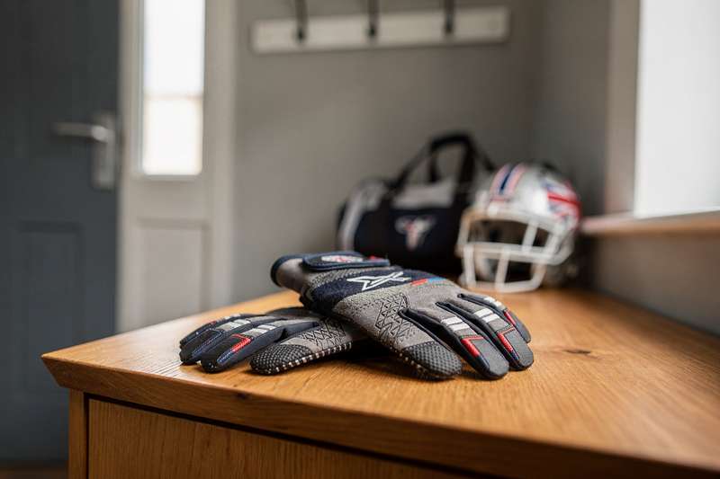 Athlet beim American Football trägt spezialisierte Handschuhe und fängt einen Pass während des Trainings.