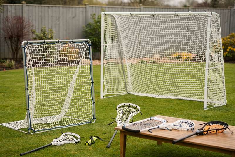 Lacrosse-Spieler trainiert mit einem Netz-Rebounder, um seine Schusstechnik zu verbessern.