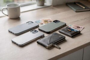 Frau hält Smartphone in schützender Hülle mit integriertem Kartenfach in der Hand.