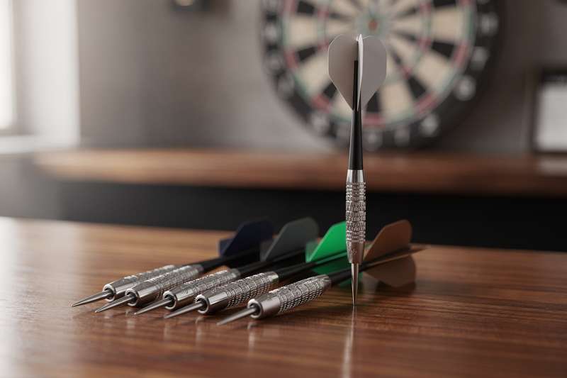 Nahaufnahme einer Hand beim Werfen eines Steeldarts auf eine Dartscheibe mit Fokus auf die Wurftechnik.