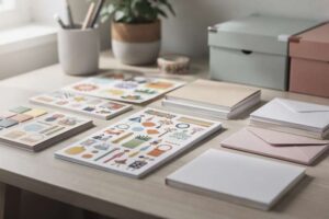 Bunte Sticker und dekoratives Papier liegen auf einem Basteltisch neben Schere und Klebstoff.