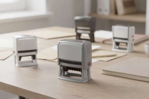 Hände drücken einen bunten selbstfärbenden Stempel auf weißes Papier, um ein personalisiertes Muster zu hinterlassen.