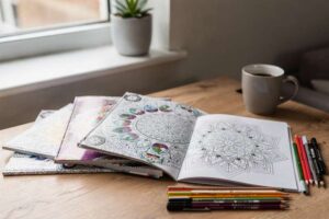 Erwachsene Person malt konzentriert mit feinen Farbstiften ein detailliertes Mandala-Muster in einem Malbuch.