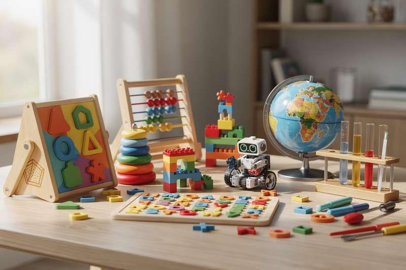 Kind spielt konzentriert mit bunten Holzbausteinen und sortiert diese nach Farben und Formen.