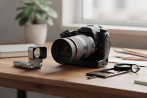 Fotograf hält eine Kamera mit Sucher ans Auge, um die Bildkomposition zu prüfen.