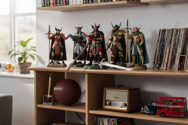 Sammler ordnet bunte Actionfiguren und Merchandise-Artikel übersichtlich in einem beleuchteten Regal.