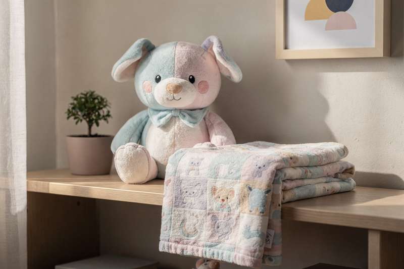 Kleines Kind kuschelt sich mit einer weichen Plüschdecke unter einen Arm und hält sein Lieblingskuscheltier in den Händen.