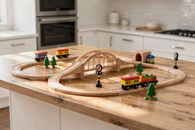 Kind sitzt auf dem Boden und steuert eine Modelleisenbahn über Gleise mit bunten Häusern und Bäumen.