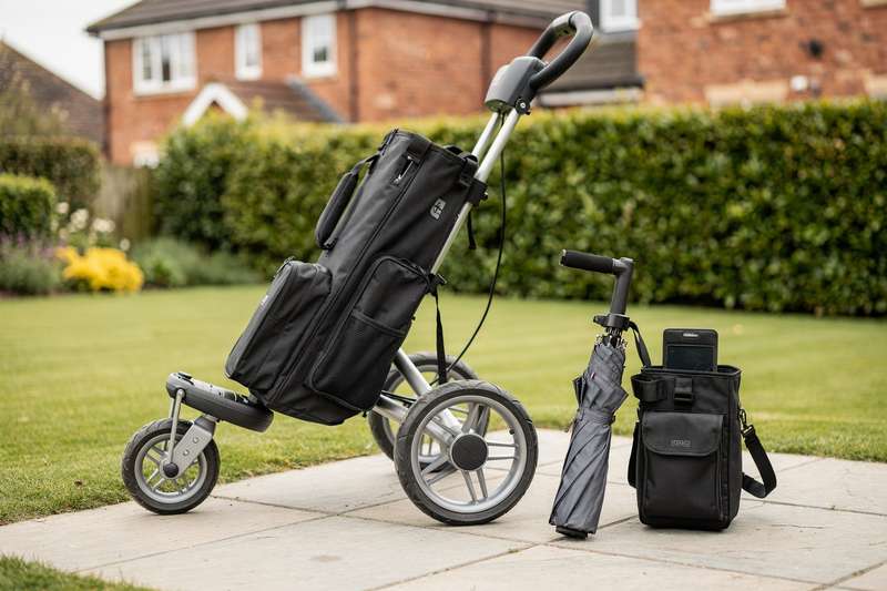 Golfer schiebt seinen beladenen Elektrotrolley über den grünen Fairway eines englischen Golfplatzes.