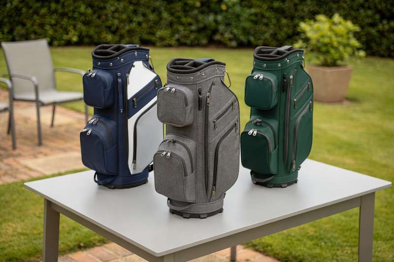 Golfer trägt eine Schlägertasche über der Schulter während er über den grünen Platz geht.