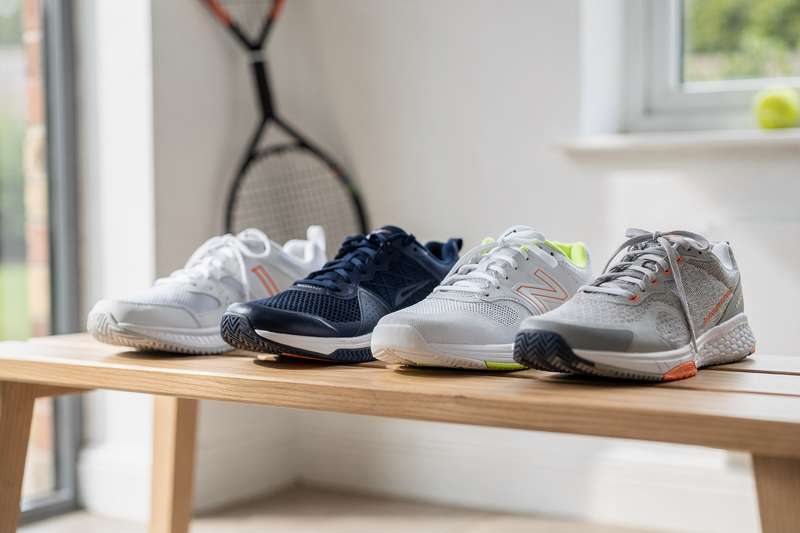 Spieler trägt Squash-Schuhe beim dynamischen Seitenschritt auf dem Court.