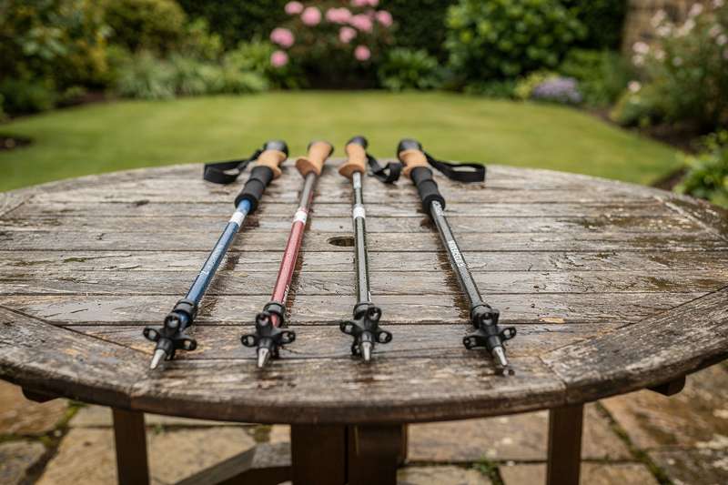 Eine Frau in Sportkleidung geht mit Nordic-Walking-Stöcken durch einen grünen Park.