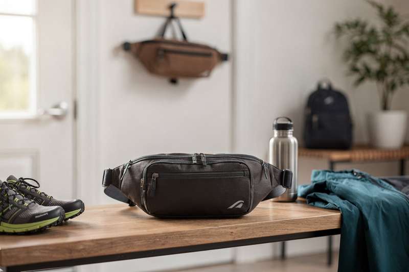 Sportler beim Joggen mit einer Hüfttasche trägt leicht Smartphone und Schlüssel ohne Rucksack.