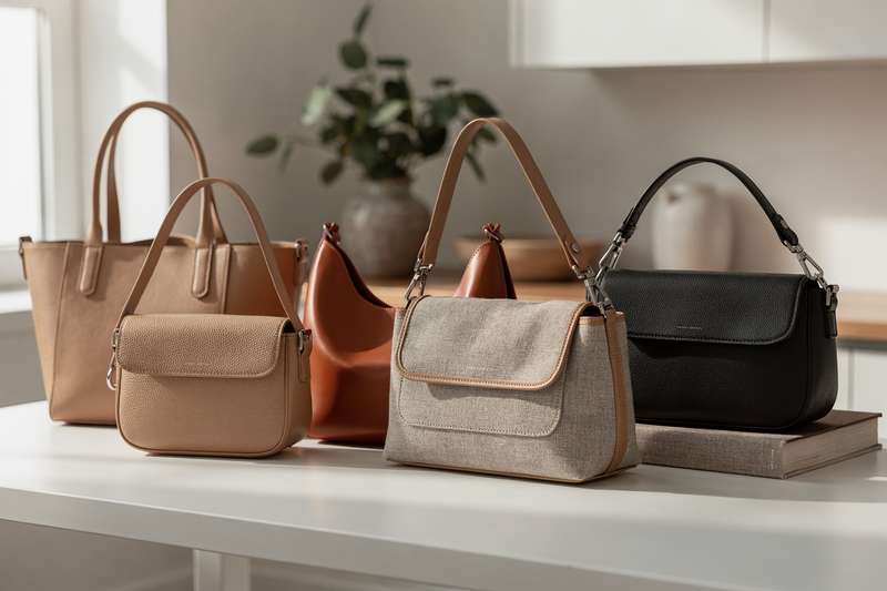 Frau trägt eine elegante Schultertasche über der Schulter während sie durch eine moderne Küche geht.