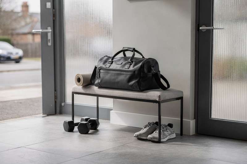 Eine Frau packt ihre Sporttasche mit Trainingskleidung und Schuhen für das Fitnessstudio.