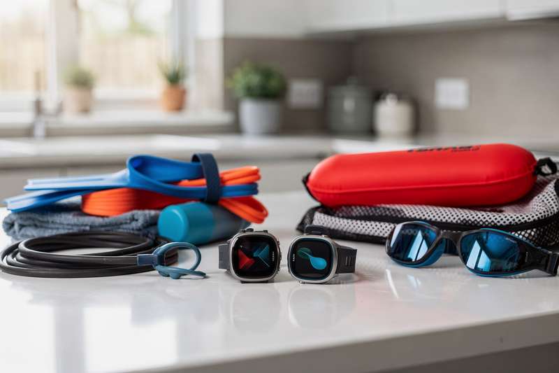 Sportler trägt Schwimmbrille und Badebekleidung beim Freiwasserschwimmen im See.