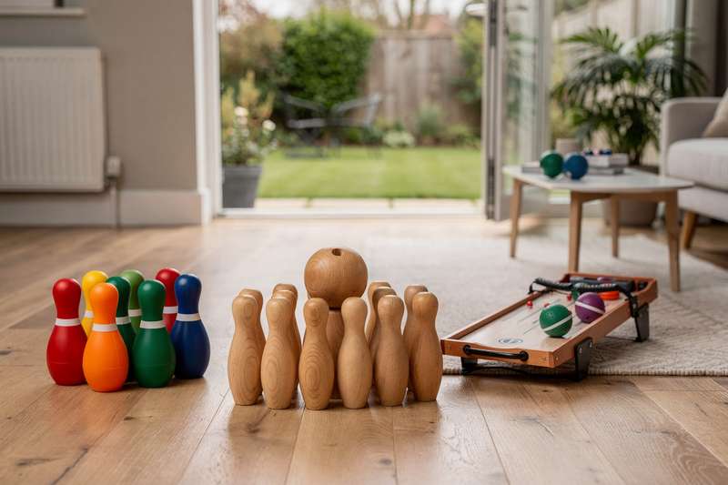 Familie beim gemeinsamen Bowling spielen in einer Freizeitanlage mit bunten Bowlingkugeln und Pins.