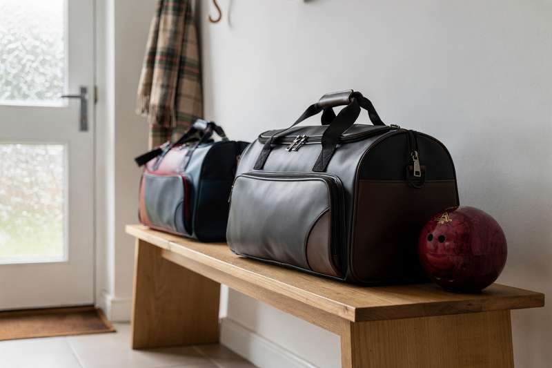 Bowlingspieler trägt eine gepolsterte Tasche mit Bowlingkugeln zum Spielfeld.