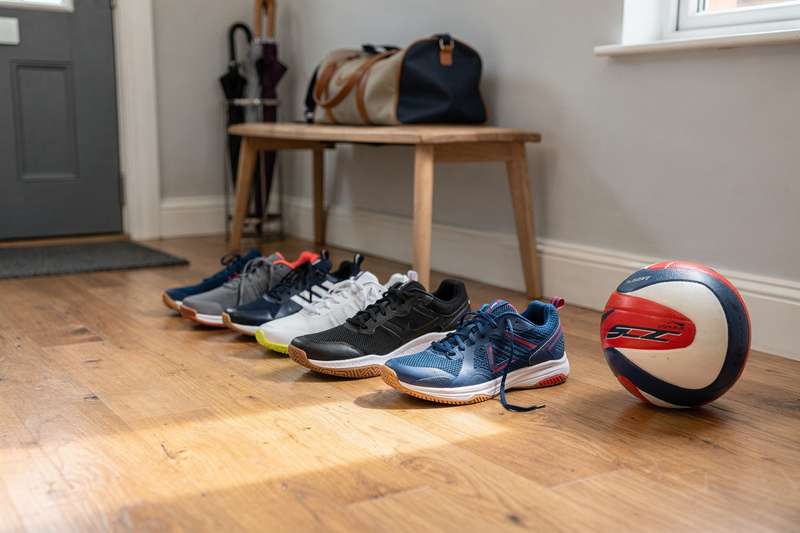 Volleyballschuhe mit dämpfender Sohle auf glänzendem Hallenboden während eines Trainings.