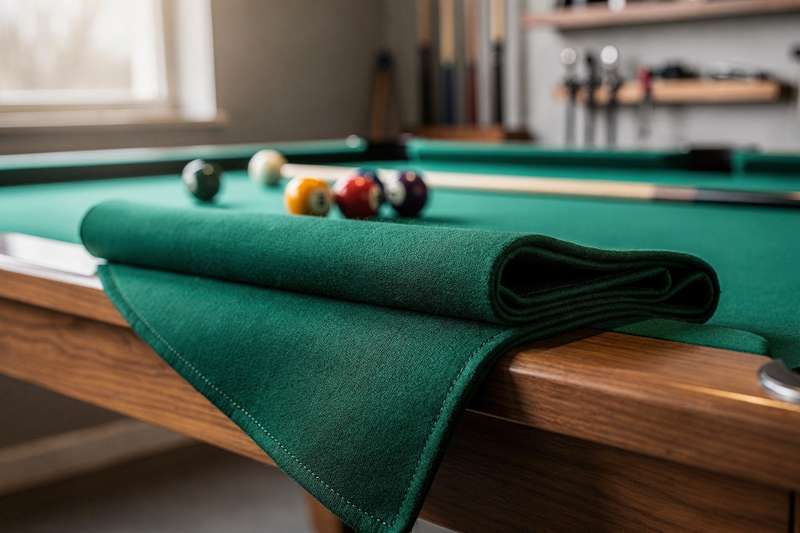 Nahaufnahme einer Hand beim Streichen über die grüne Billardtuchoberfläche eines Pooltischs.