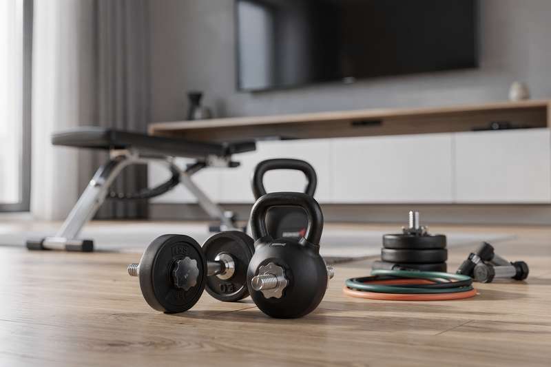 Mann trainiert mit Hanteln und Trainingsmatte in einem modernen Heimtrainingszimmer.